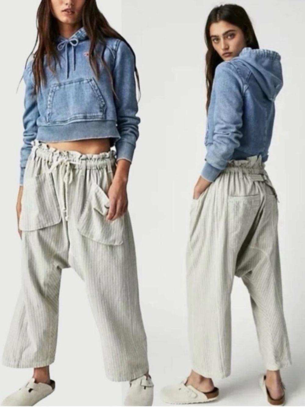 Free People Runyon Oversized Stripe Harem Pants in Sky Combo Size Small EUC